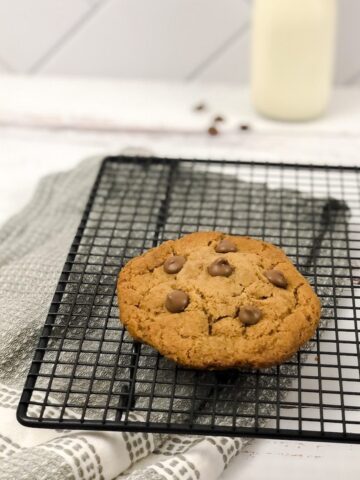 Single chocolate chip cookie on cooling rack