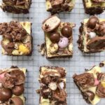 Overhead shot of chocolate easter egg slice in squares