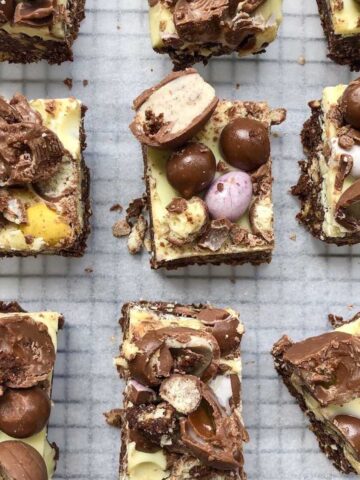 Overhead shot of chocolate easter egg slice in squares