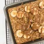 Top view of baked oatmeal in tray